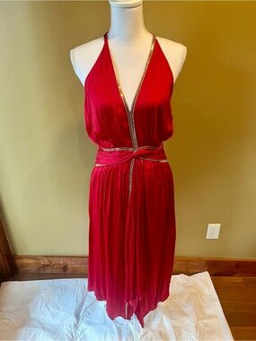 Ramy Brook Red One-Shoulder Midi Dress with Gold Trim